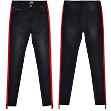 Новинка, Женские джинсы-карандаш, винтажные джинсы с высокой талией, женские повседневные Стрейчевые обтягивающие джинсы, женские модные джинсы в красную полоску