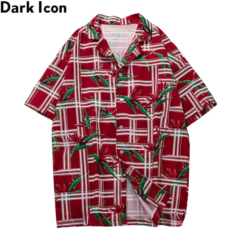 

Plaid Full Printed Hawaii Style Men's Shirt 2018 Summer Vintage Hiphop Shirt Men Short Sleeved Shirt