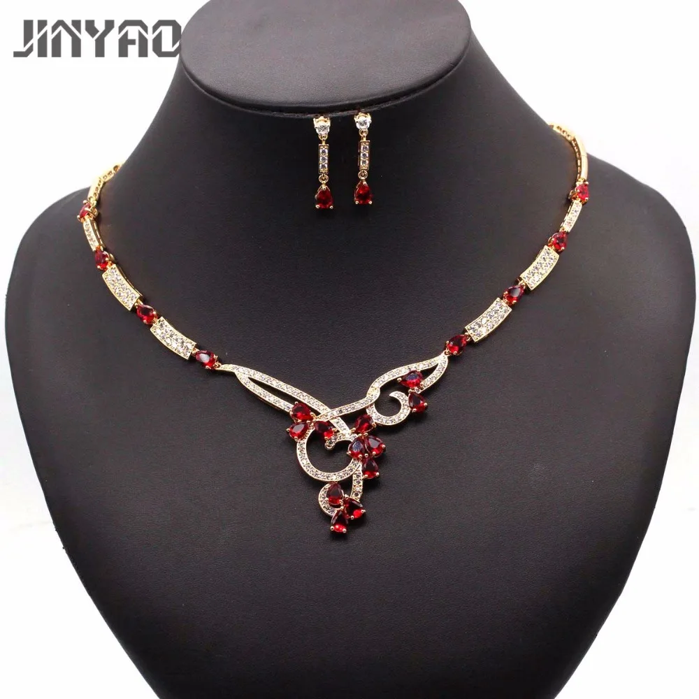 

JINYAO Luxury Multicolor AAA Zircon Gold Color Necklace Earrings Set For Women Bride Wedding Accessories Jewelry 13colors