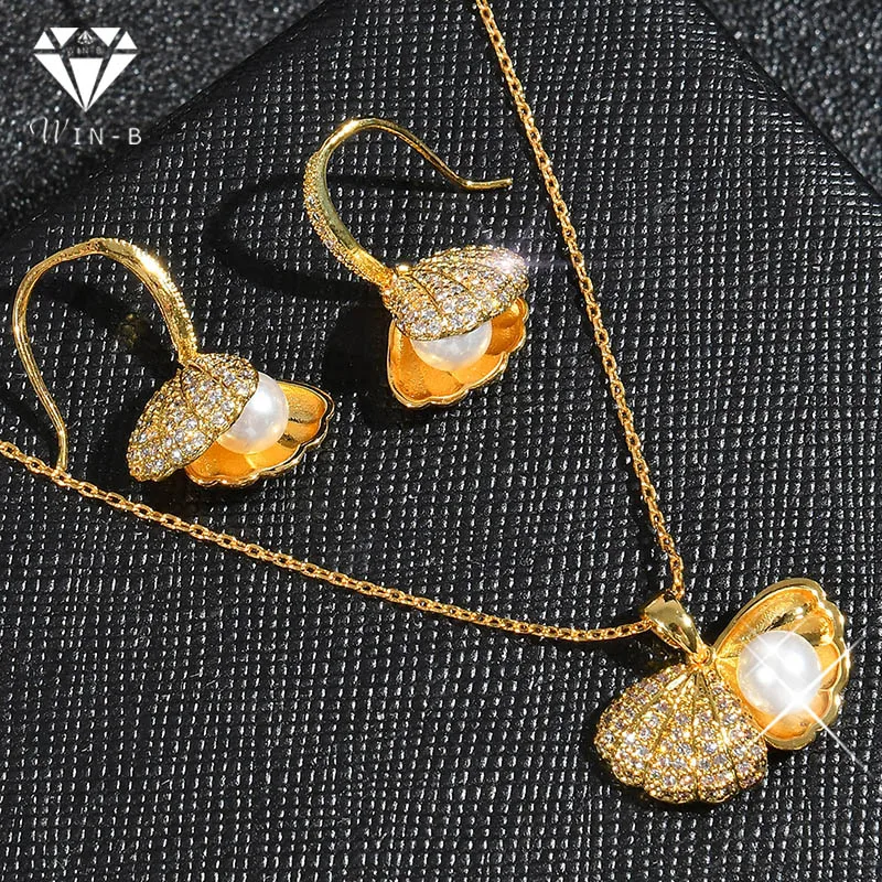 

Elegant Pearl Bridal Sieraden Gold Shell Crystal AAA Cubic Zirconia Chocker Necklaces Earrings Sets Party Jewelry Sets Bijoux