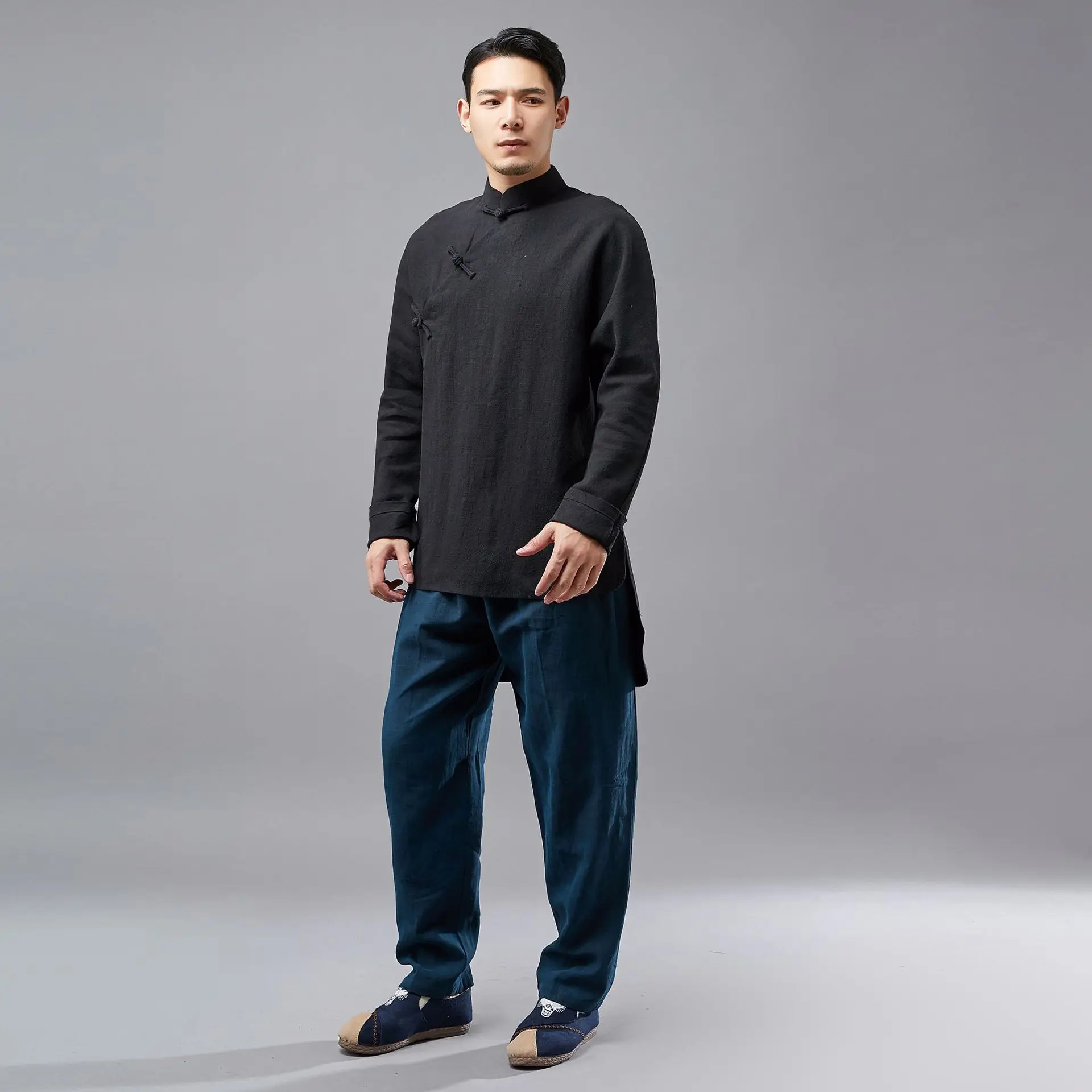 Men Chinese Style Casual Shirt Asymmetrical Hem Shirt Coat