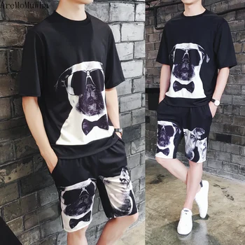

AreMoMuWha Large Size Men's Short-sleeved Personality Printing Summer Korean Version of The Trend Handsome Clothes Men SetQX1022
