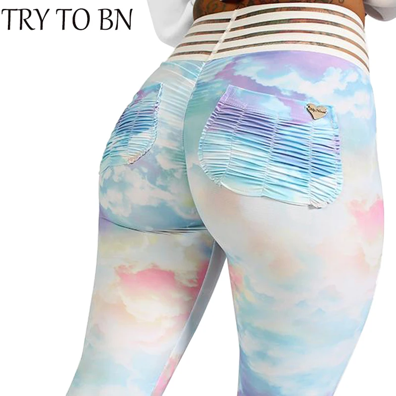 

TRY TO BN Fitness Clothing Harajuku High Waist Casual Leggings Mesh Splice Print Push Up Workout Leggings For Women