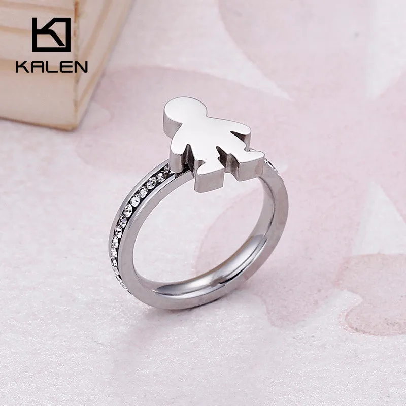 KALEN 2018 New Stainless Steel Silver Boy Charm Rings For Women Rhinestone Cartoon Boy Finger Rings Size 6 7 8 9 Rings Jewelry