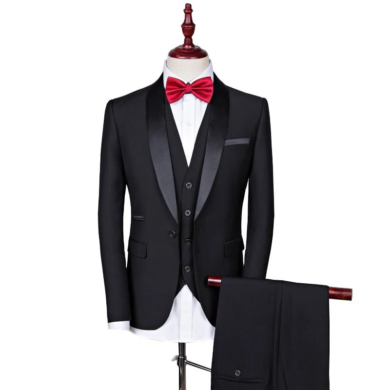 Black wedding casual suit men Groom Tuxedos Men Suits One Button Wedding Suits for Men Groomsman Suits (Jacket+Pants+vest)