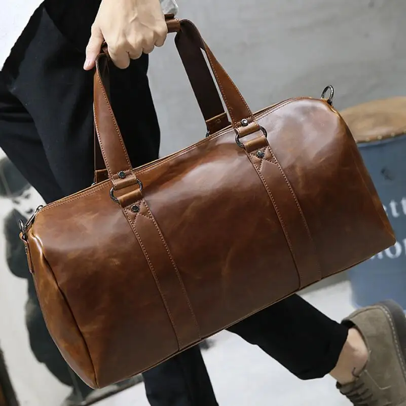

Brown Men Travel Bags Large Capacity Women Luggage Sports Duffle Totes Men's Pu Leather Shoulder Handbag Big Barrel Trip Purse