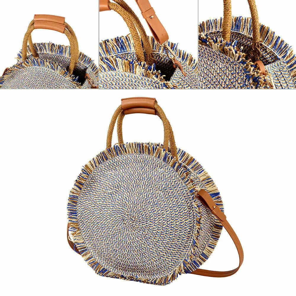 Новая круглая соломенная сумка, богемная женская сумка через плечо, модная ручная плетеная Сумка из ротанга, пляжная сумка