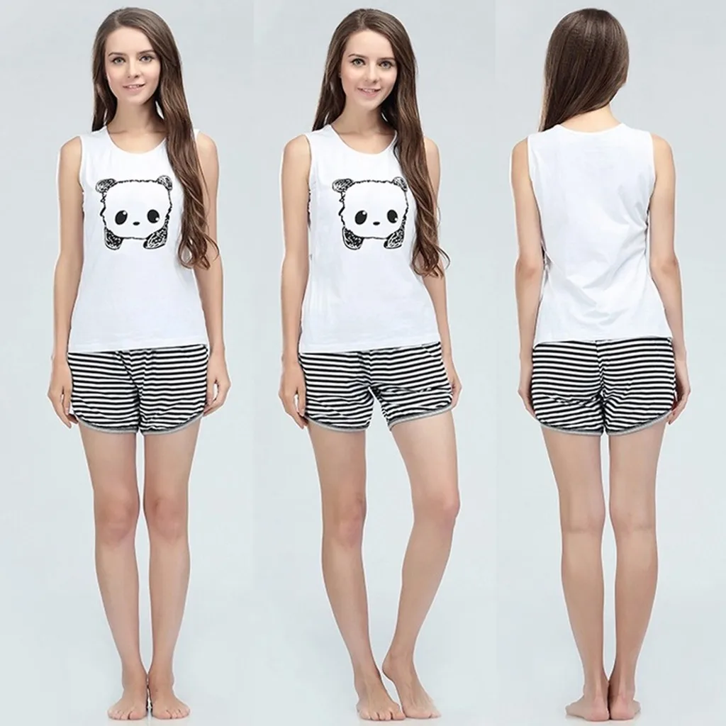 

Women Maternity Sleeveless Cute Print Breastfeeding Tank Tops+Striped Shorts Set New arrival 2019