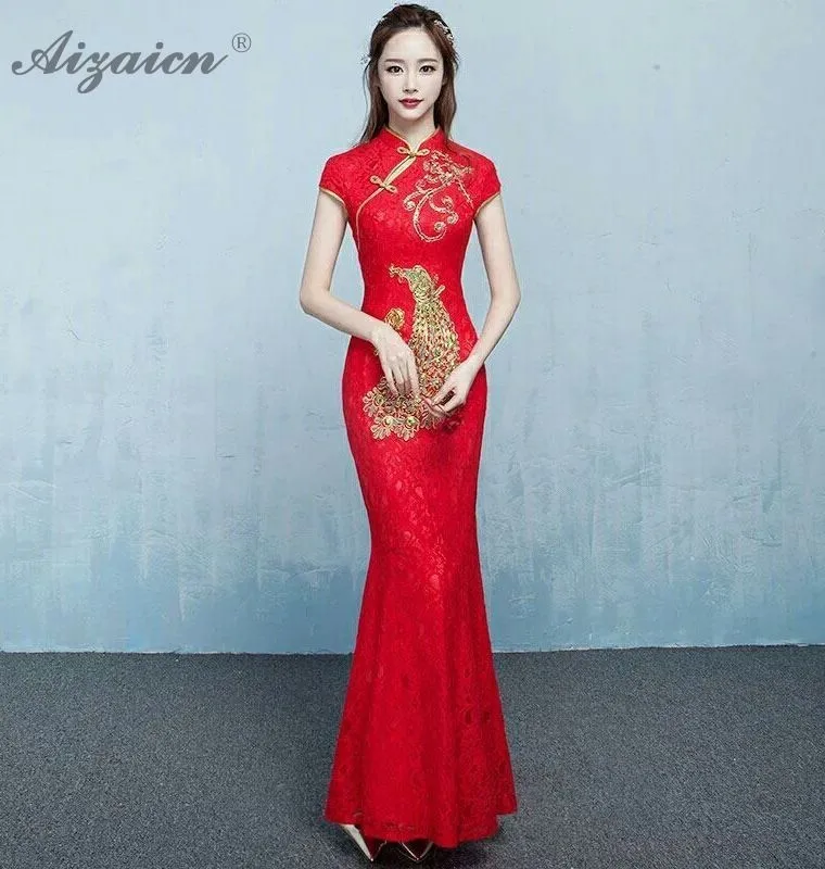Новый Кружева Вышивка Cheongsam длинный красный Qi Pao Для женщин Китайский традиционный свадебный платье ориентированное стильные вечерние