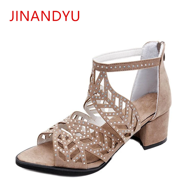 

Ladies Gladiator Sandals Block Heel Shoes Woman Brand Luxury Open Toe Pumps Sexy Hollow Out Sandale Mariage Shoes with Crystals
