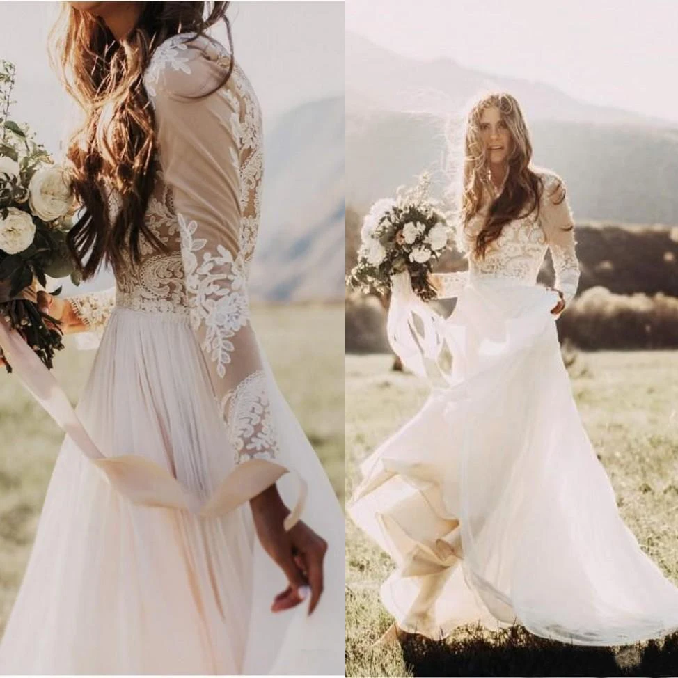 Простые богемные пляжные свадебные Платья страна с длинным рукавом свадебные платья длина до пола летние Бохо хиппи западные свадебные платья