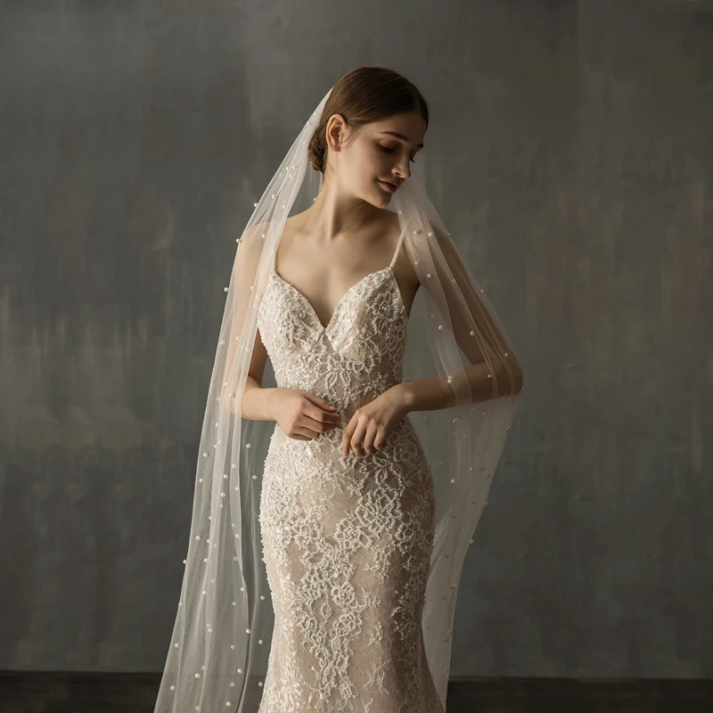SLBRIDAL One-Layers Pearls Wedding Chapel Veils With Combs Bridal Veils Wedding Wear Accessories For Bride Mariage Women SLBRIDAL One-Layers Pearls Wedding Chapel Veils With Combs Bridal Veils Wedding Wear Accessories For Bride Mariage Women