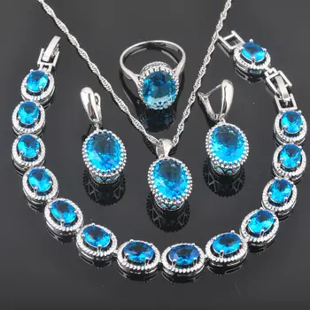 

2020 New Silver Color Sky Blue Zirconia For Women Egg Design Jewelry Sets Bracelet Necklace Pendant Earrings Ring QS0191