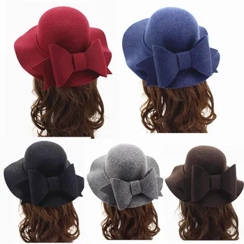 

New Noble Bowler Cap Korean Winter Warm FishermanHat Lady Casual Bow Bucket Hat Church Cloth Hat Solid Basin Cap Wool Fedora Cap