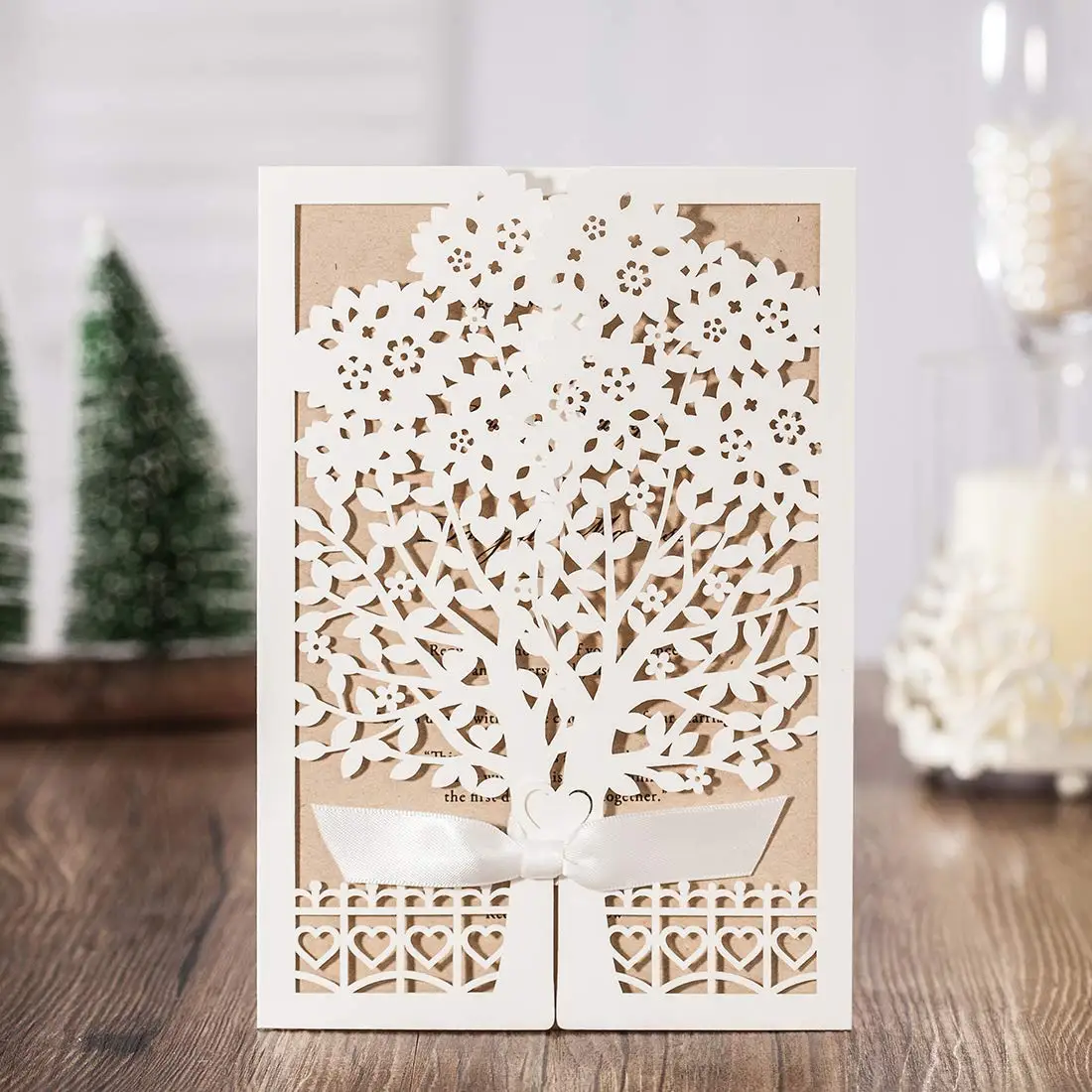  12Pcs White Laser Cut Wedding Invitations Tree and Fence Birthday Gift Card with envelopes for marr - 32989032847