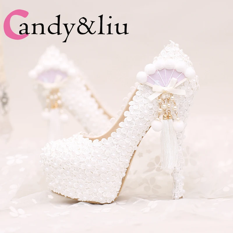 lace fresh and sweet flowers pearl fan tassels bridal shoes high heels wedding dresses shoe toasts wedding party shoes