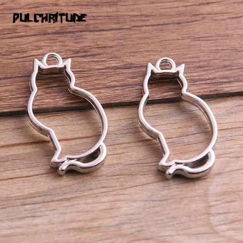silver Pulchrode 6 шт. 19*36 мм Три цвета сплав ювелирные изделия аксессуары кошка Шарм полые клей пустой кулон лоток ободок 12B26 - Окраска металла: silver