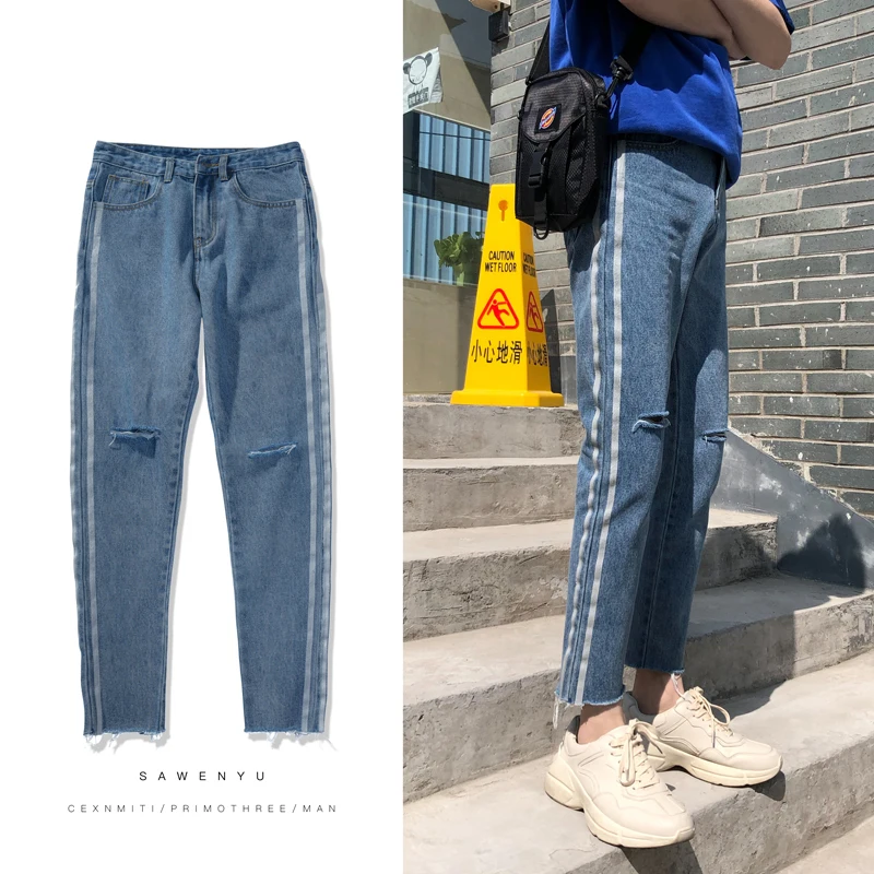 2018 New Men Fashion Casual Blue Side Stripe Holes Ankle