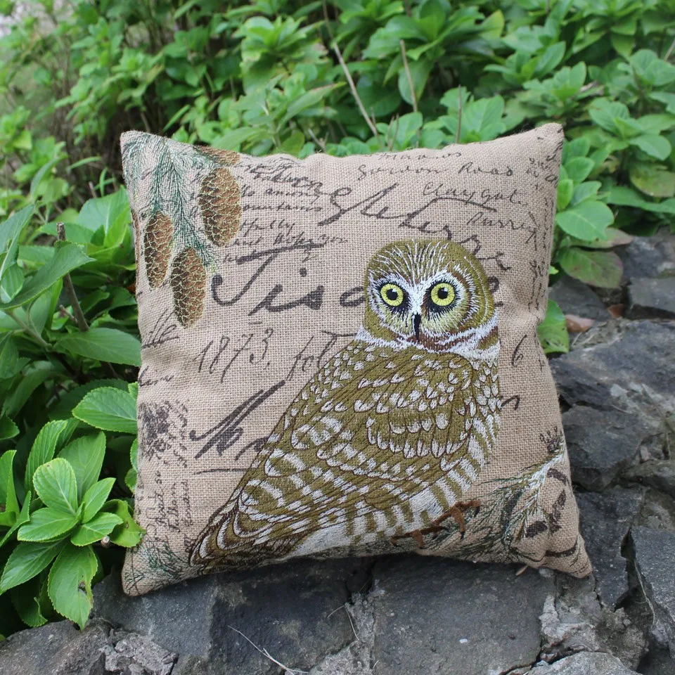New Embroidered Owl Pine Nut Jute Cushions Cover Vintage Throw