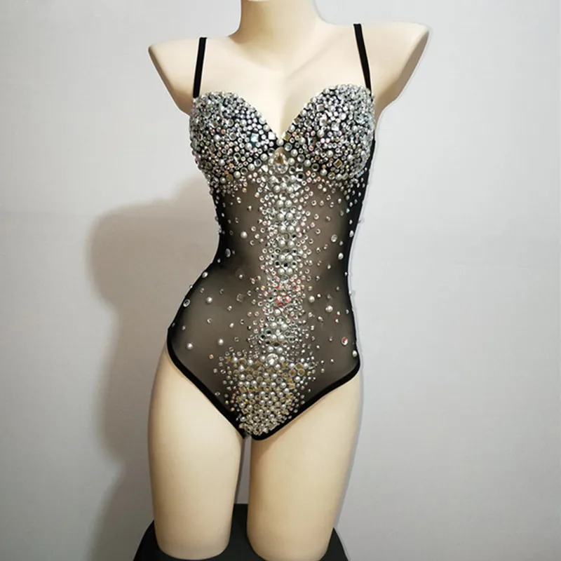 

Sparkly Rhinestones Mesh Sling Bodysuit Crystal Leotard Sexy Transparent Stage Wear Nightclub Party Club Rave Dance Costume