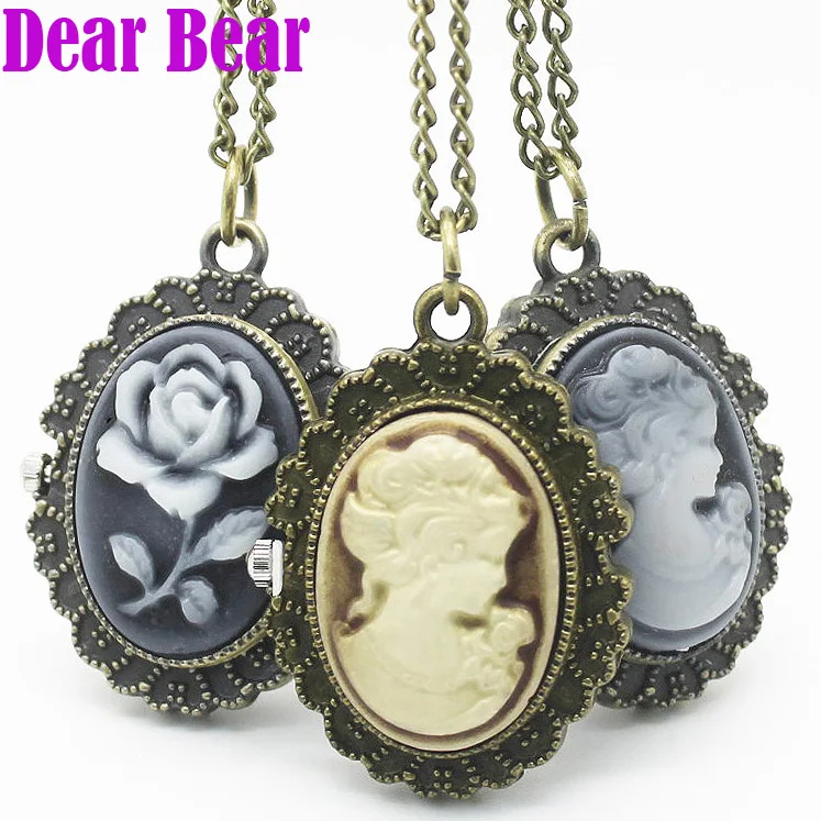 

(4002) Wholesale Vintage Lady Cameo Pocket Watch Necklace pendant, 12pcs/lot, free shipping