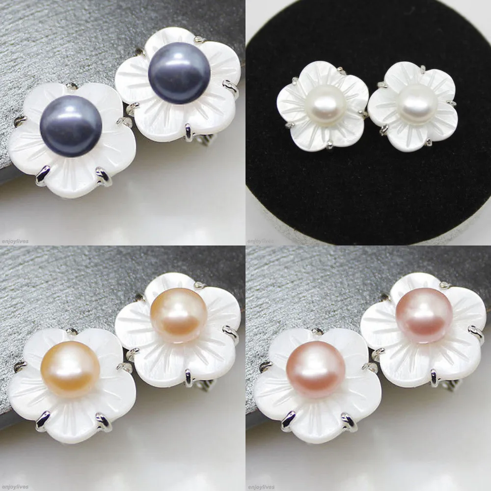 

FREE SHIPPING>>> Free shipping Black White Pink Purple Genuine Pearl Shell Flower 18KWGP Stud Earrings