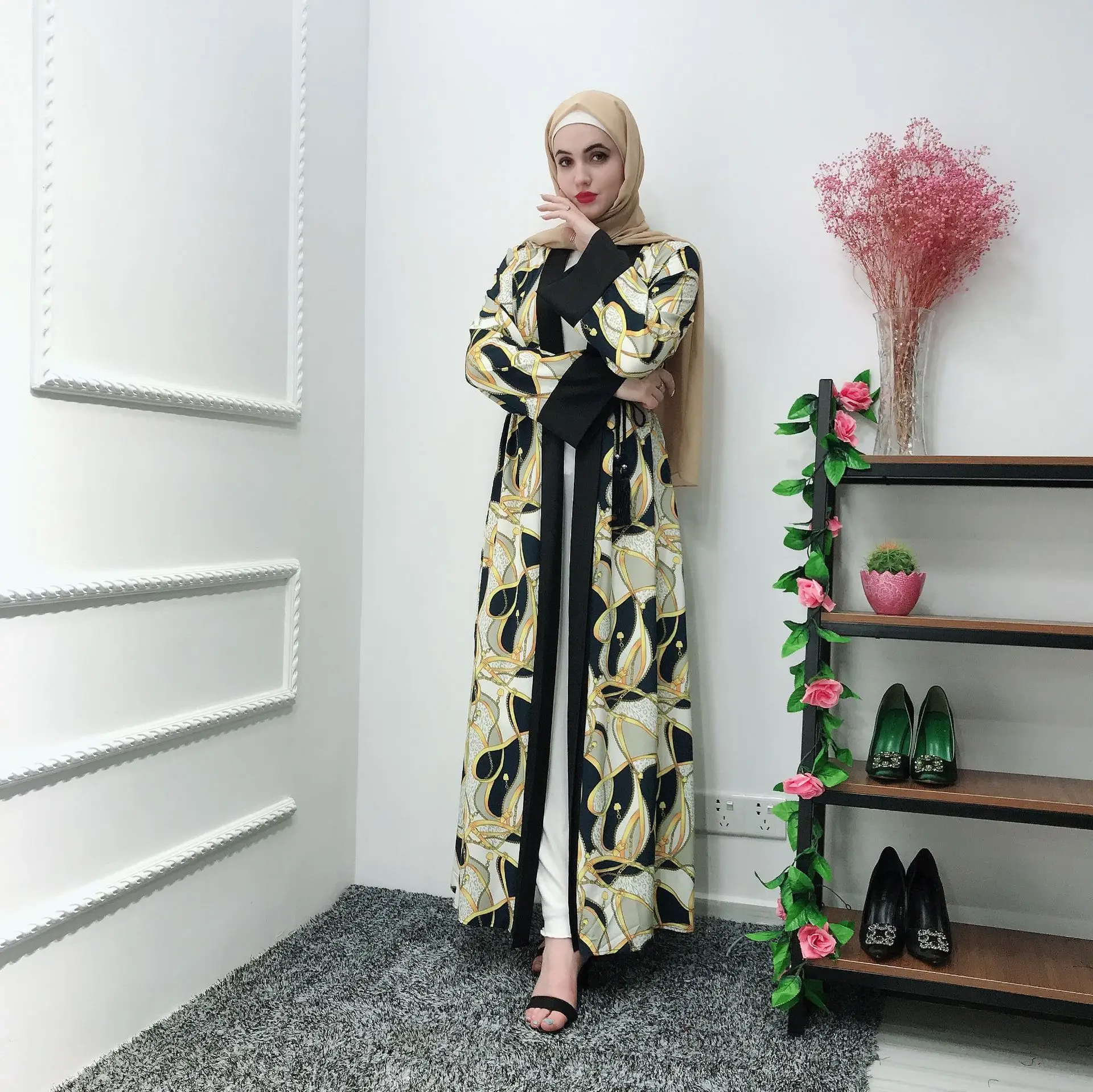 

Elegant Muslim Print Abaya Floral Maxi Dress Cardigan Kimono Long Robe Gowns Tunic Jubah Middle East Ramadan Eid Arab Islamic
