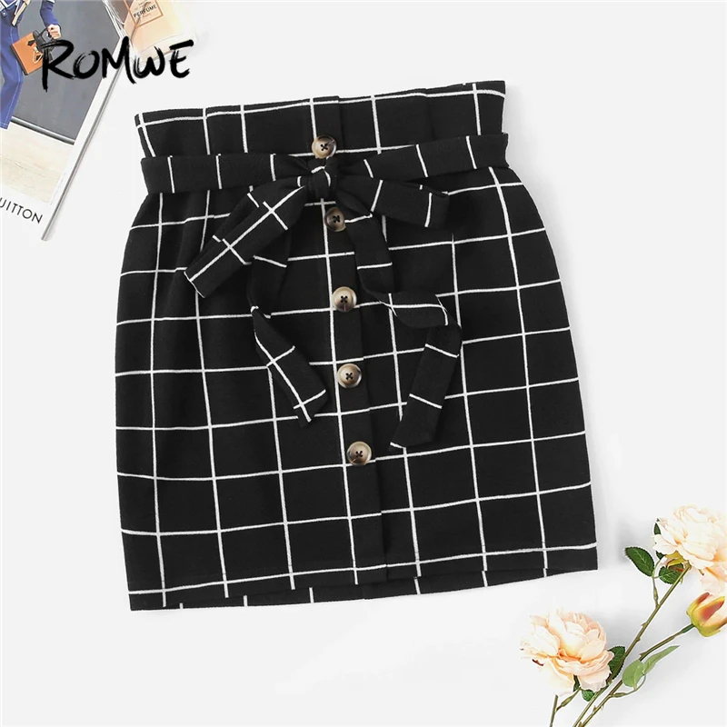 

ROMWE Black Button Front Grid Zipper Belted Skirt Women Summer 2019 Plaid High Waist Above Knee Casual Sheath Mini Skirts