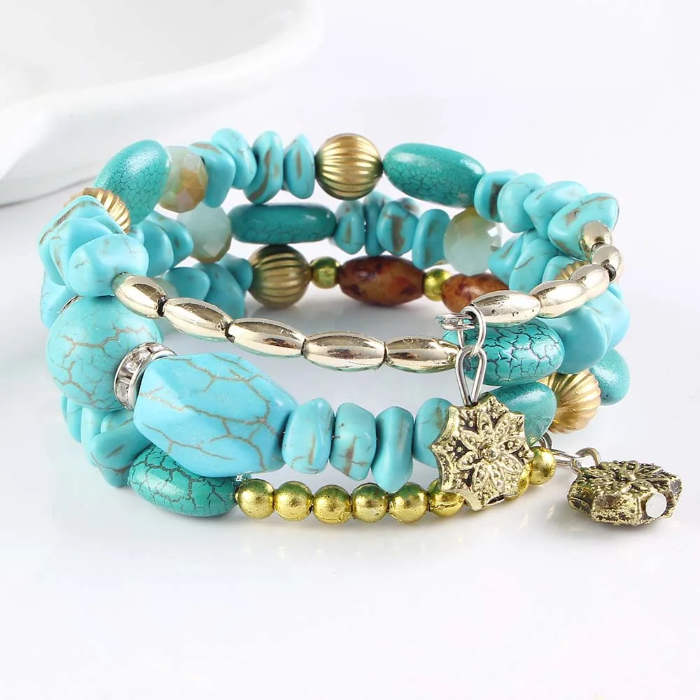 

20 PCS/Lot Bohemian Beads Crystal Charms Bracelets For Women Ethnic Tibet Multilayer Imitation Natural Stone Bracelets Bangles