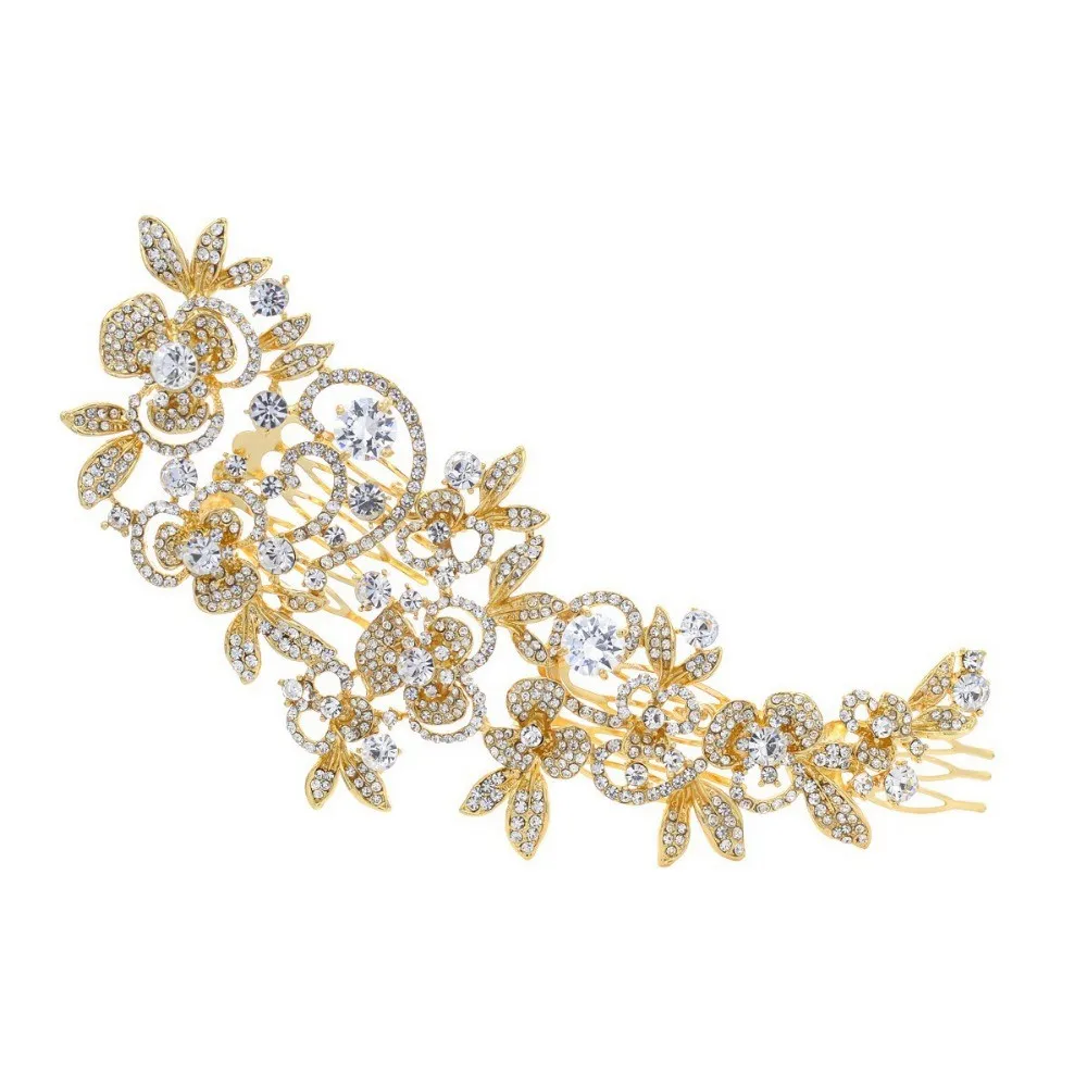 Flower Gold Silver Clear Rhinestone Crystal Wedding Hair Comb Jewelry in Wedding Accessories