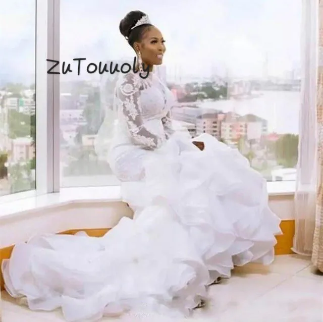 2018-New-African-Sheer-Neck-Ruffles-long-sleeve-Mermaid-Wedding-Dress-plus-size-Bridal-Gowns-wedding-gown-Vestido-De-Novia-okb0