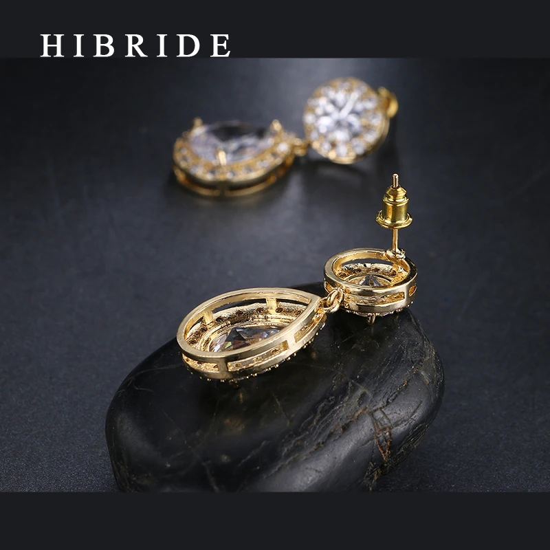 HIBRIDE висячие серьги золотого цвета AAA кубический цирконий кулон Висячие серьги для женщин Свадебные юбилейные подарки E-28
