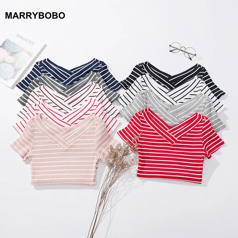 

2019 New Summer Women Basic T-shirt Harajuku Striped T shirt V-neck Short Sleeve Casual Korean White Female Tee Shirts Plus Size