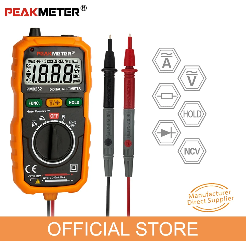 PEAKMETER новая горячая Бесконтактный Мини цифровой мультиметр DC AC Напряжение Ток Тестер PM8232 Амперметр мульти тестер