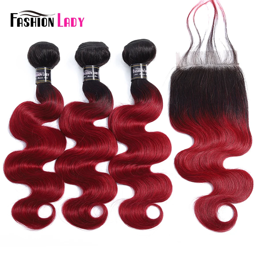 

Fashion Lady Pre-Colored 1B Burgundy Human Hair Weave 3 Bundles Red Ombre Brazilian Body Wave Hair With Lace Closure Non-remy