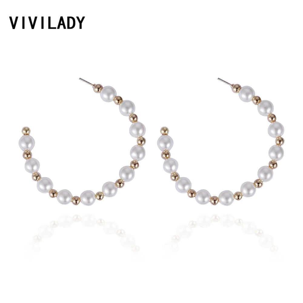 

VIVILADY Hot Imitation Pearl Round Hoop Earrings Women Gold Color Accessory Party Summer Jewelry Bijoux Office Birthday Gifts