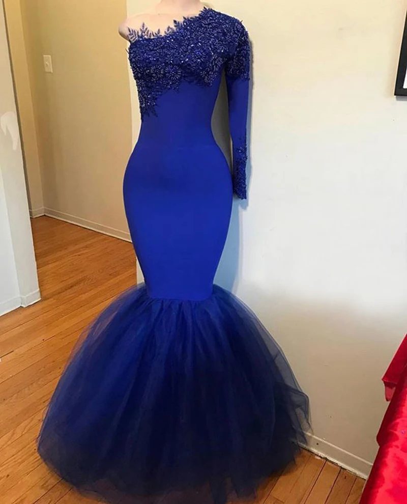 Single Beaded Lac Long Sleeve One Shoulder Mermaid Prom Dress