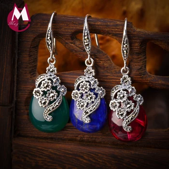 

Luxury Natural Green Agate Vintage Earrings 925 Sterling Silver Drop Earrings For Women Exquisite Ethnic Flower Water Drop SE03