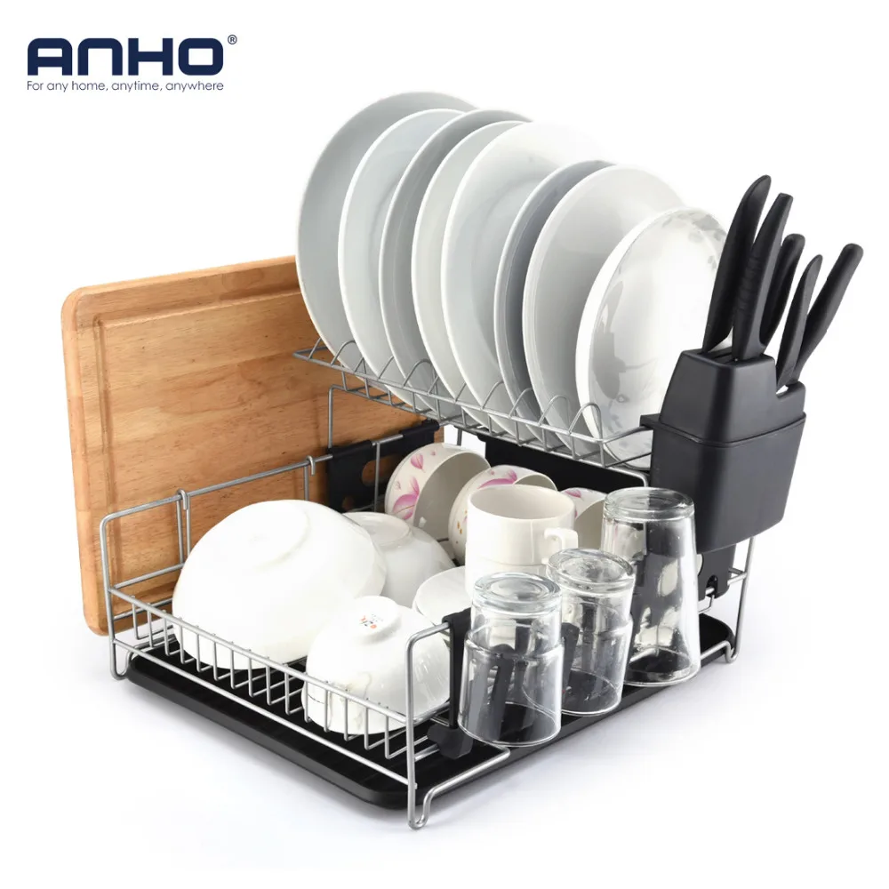 

ANHO Multifunctional Dishes Rack 2 Tier Black Dish Drainer Drying Rack Washing Organizer Large Capacity Holder