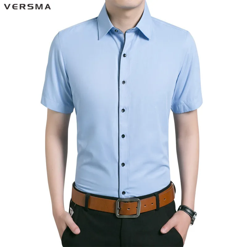 VERSMA Fashion Casual Solid Color Cotton Men Dress Shirt Short Sleeve Chemise Camisa Male Social White 4XL Plus Size | Мужская одежда