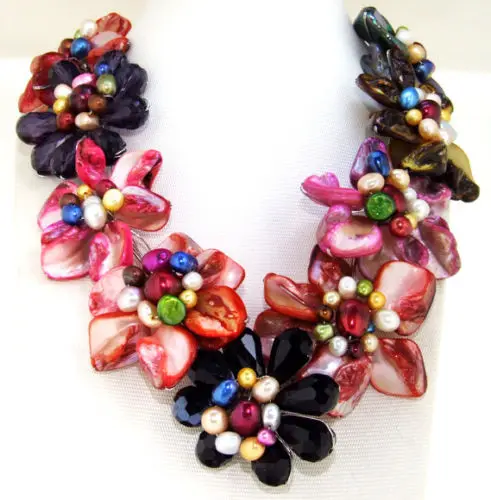 

06427 color Freshwater Pearl Shell MOP Crystal Flowers Beads Necklace 16
