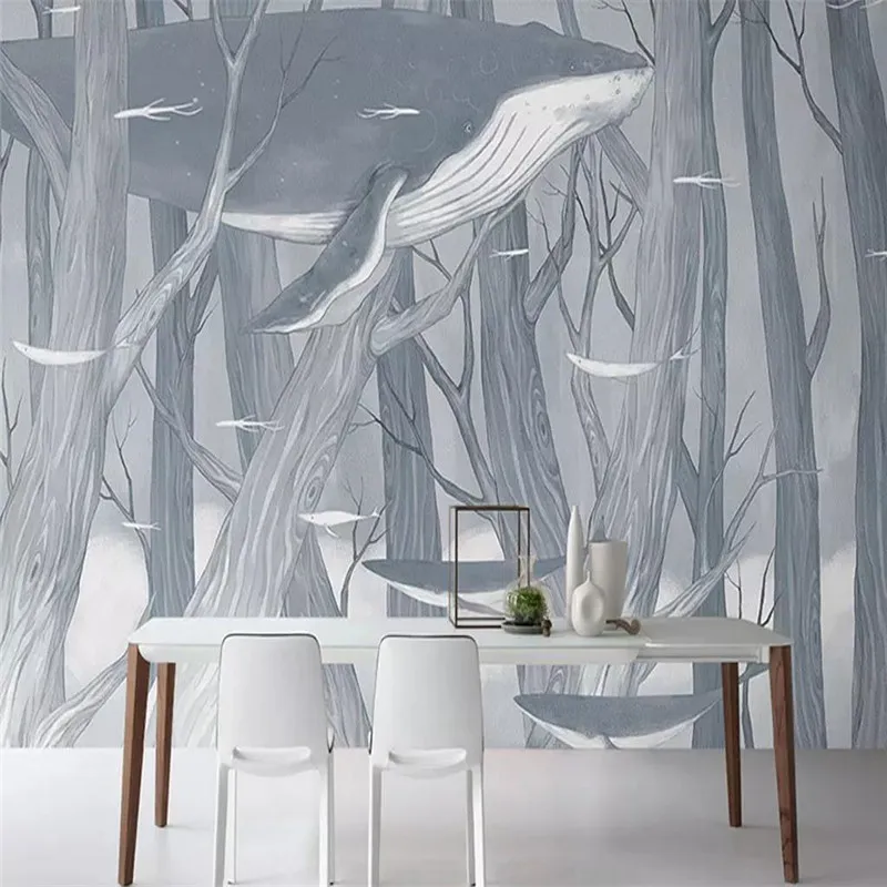 Custom Mural Wallpaper Hand-painted Forest Whale Living Room Background Wall