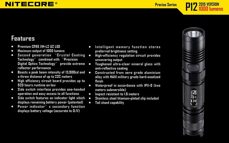 NITECORE P12 18650 фонарик CREE XM-L2 U2 LLED max 1000 люмен расстояние луча 232 м Открытый тактический фонарь для пешего туризма поиск