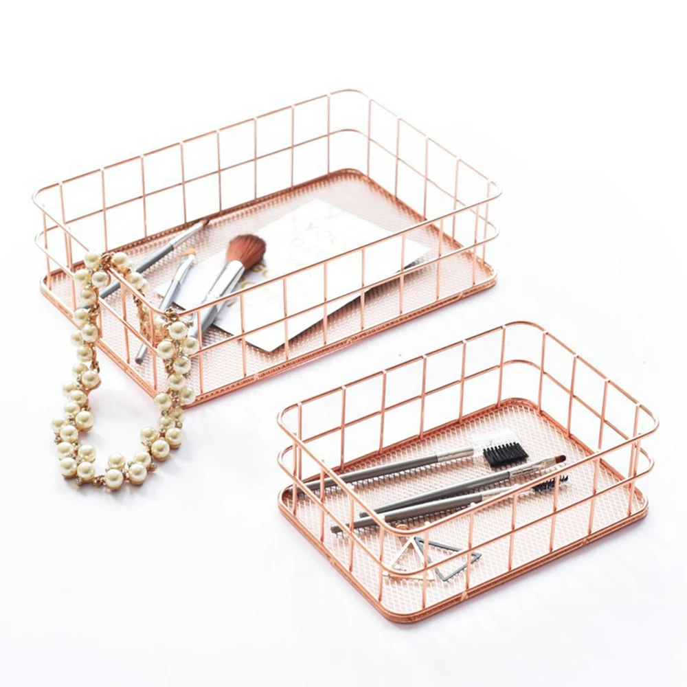 Rectangular Metal Storage Basket, Pink Gold Iron Storage Basket, Home Garden Office Basket, Finishing Iron Baskets Fruit Basket