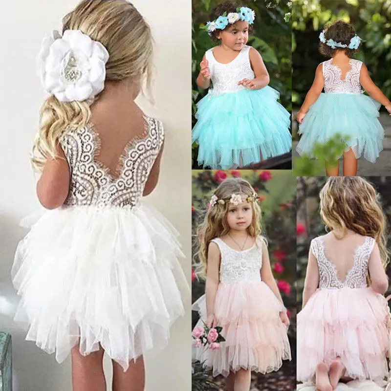 Flower Girl Princess Lace Bridesmaid Wedding Dress Gown Tulle Tutu for Baby Kids