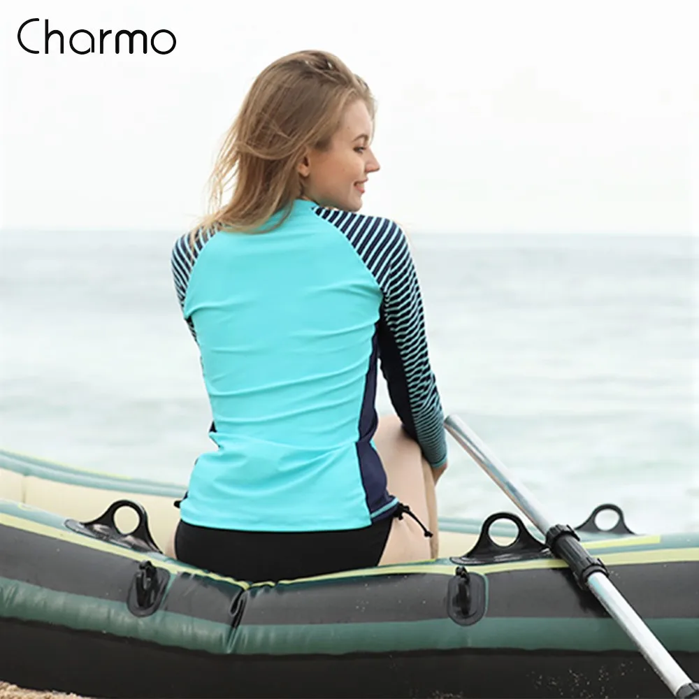 Charmo 2019 المرأة Rashguard ملابس بأكمام طويلة مخطط طفح الحرس خليط تصفح المايوه للنساء تشغيل أعلى UPF50 +