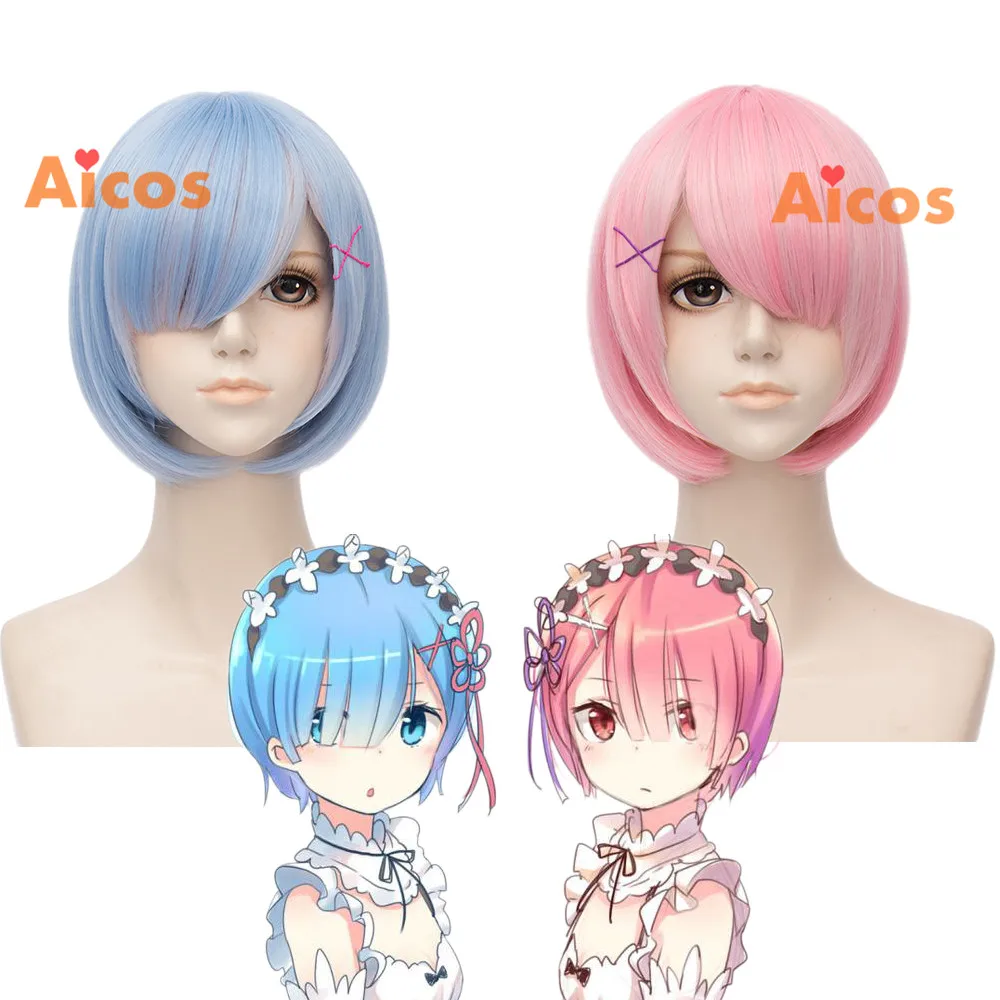 Re:Life In A Different World From Zero Rem Ram Short Bob Pink Blue Cosplay Wig 