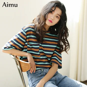 

summer Women Harajuku Vintage stripe Printed t-Shirts Ulzzang Girlfriends t shirt Casual Loose Short Sleeve cute tee Tops Femme