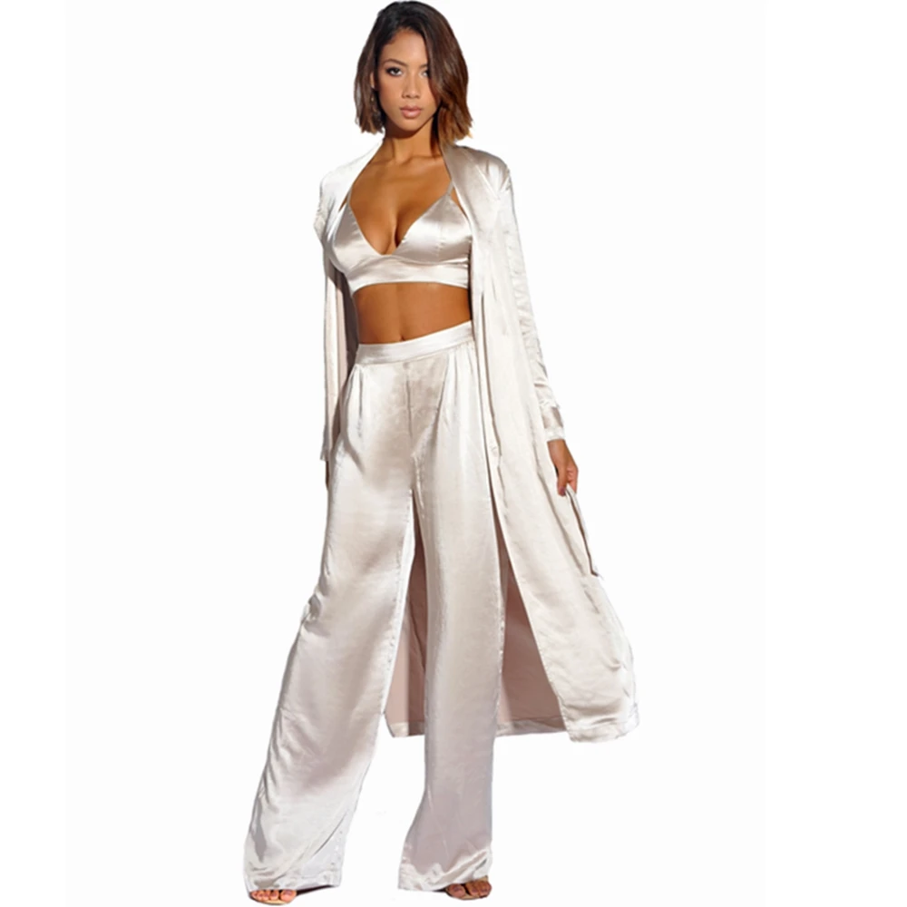 

Fashion Women 2019 White Three 3 Pieces Coat&Top&Pants&belt Sexy Autumn Winter Celebrity V Neck Party Night Out Verano Festa
