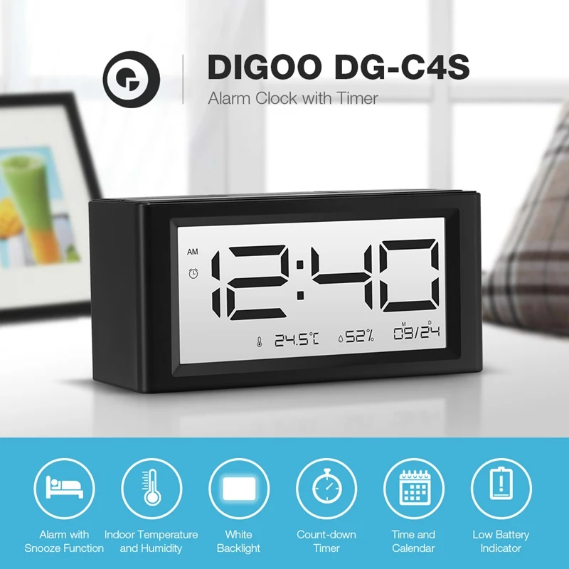 

Digoo DG-C4S Calendar Count-down Timer Snooze Function Alarm Indoor Temperature Humidity Backlight Day Night Display Alarm Clock